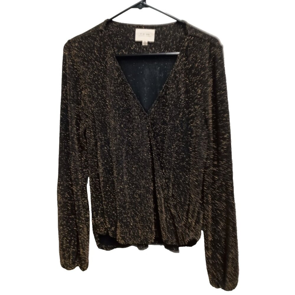 IF BY SEA Faux Wrap Top Womens Size Medium Black Gold Metallic Holiday Glam